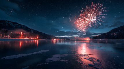A serene frozen lake reflecting dazzling fireworks welcoming 2025 under a starlit sky.