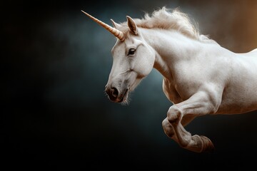 Obraz premium Majestic unicorn leaps gracefully through a mystical background illuminated by soft light