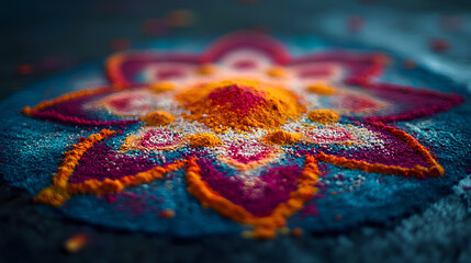 Obraz premium A serene image of colorful powders forming a circular pattern on a traditional rangoli design.