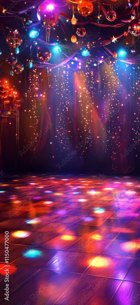 Poster colorful disco lights illuminate an empty dance floor in a vibrant setting during an evening event