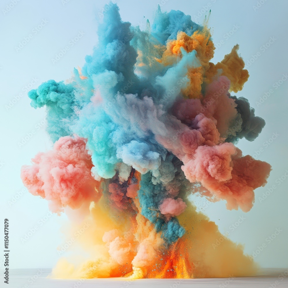 Poster colorful explosion of smoke creating an artistic display in a clear environment during daylight