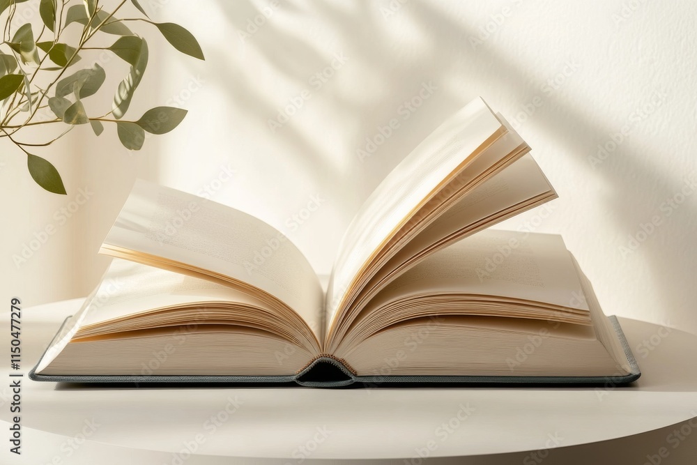 Aufkleber open book on a round table with soft light and plant shadows creating a serene reading atmosphere