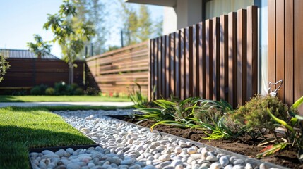 Obraz premium Modern Backyard Landscaping Design: Elegant Stone Pathway and Wooden Fence