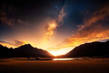 Fototapeta premium Breathtaking sunset over mountains and reflecting lake in a serene landscape