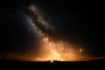 Cosmic view of a galaxy illuminating the night sky over distant mountains
