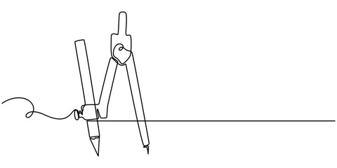 Continuous one line of drawing compass in silhouette on a white background. Linear stylized.Minimalist, Single continuous line drawing of springbow compass for drawing circle. Back to school minimalis