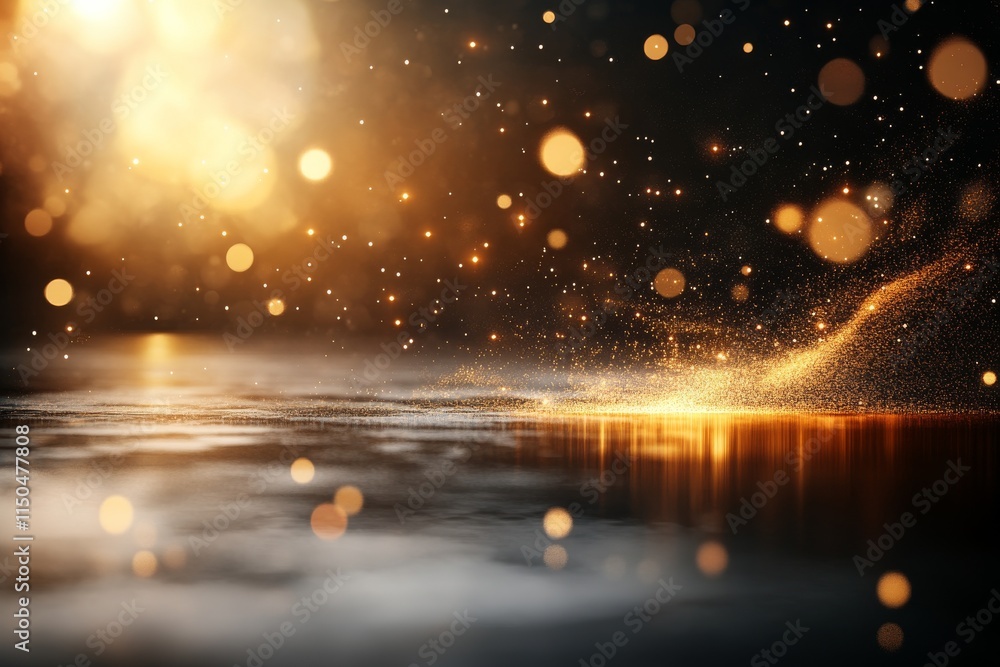 Poster shimmering golden particles dance above a reflective surface in a captivating display of light and m