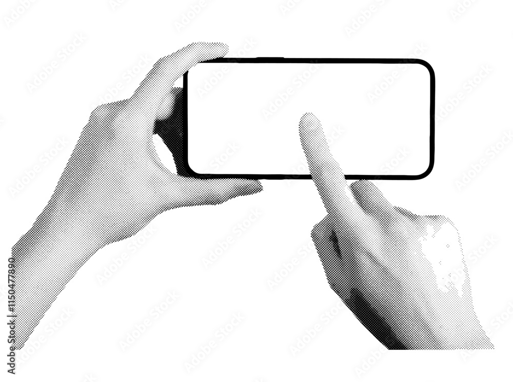 Poster hand holding smartphone, hand holding a smartphone in a horizontal position with a blankclicking on 