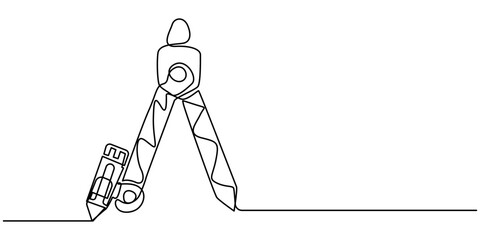 Continuous one line of drawing compass in silhouette on a white background. Linear stylized.Minimalist, Single continuous line drawing of springbow compass for drawing circle. Back to school minimalis
