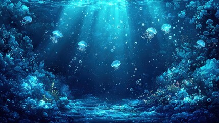 Fototapeta premium Ethereal Underwater Scene with Glowing Jellyfish and Bubbles