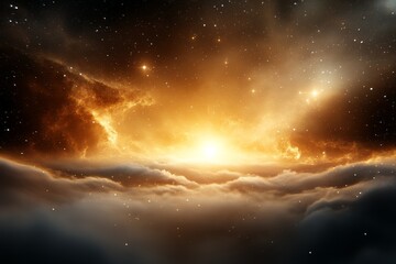 Naklejka premium Vibrant cosmic sunrise over misty clouds illuminating the dark sky with starry brilliance