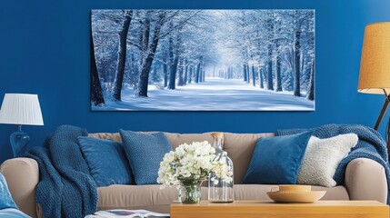 Snowy winter trees landscape canvas art in a blue living room.