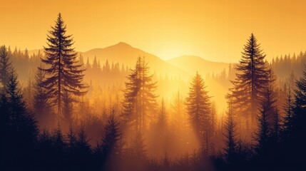 Serene Sunrise over Misty Forest with Silhouetted Trees