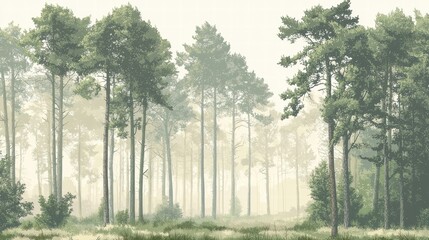 Obraz premium Serene Forest Landscape with Lush Green Trees and Soft Fog