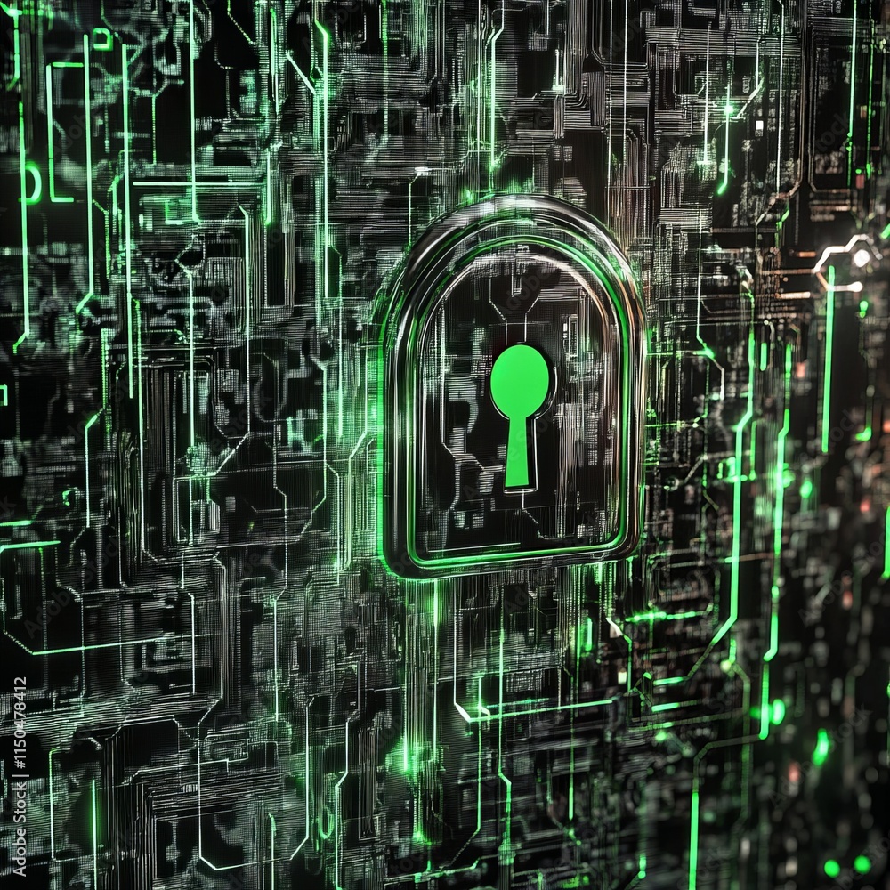 Poster digital lock icon on a dark background with green circuitry patterns reflecting modern cybersecurity