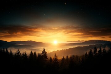 Fototapeta premium Stunning sunrise over misty mountains with silhouetted pine trees in tranquil landscape at early morning