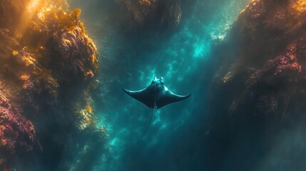 Fototapeta premium Manta ray swimming in vibrant ocean cave.