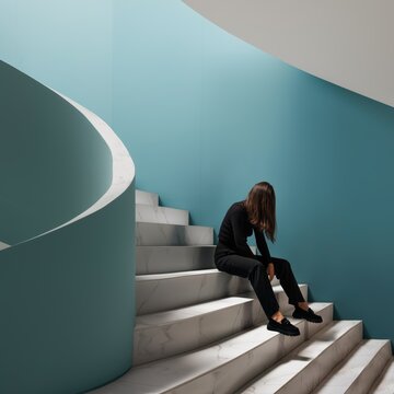 Professional burnout or a learning crisis, a young woman in black sits on the steps of the stairs, unable to climb higher.