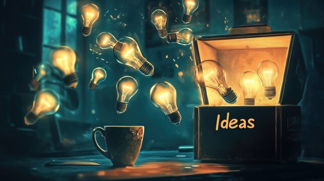Ideenbox mit schwebenden Gl&uuml;hbirnen