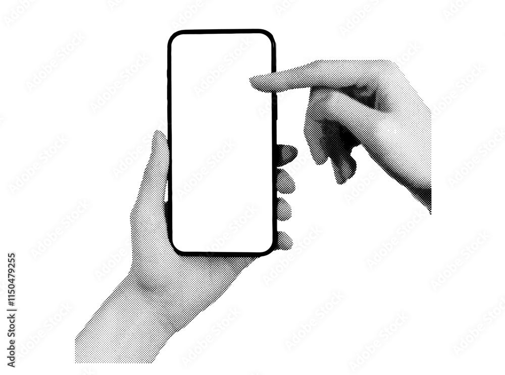 Poster hand holding a smartphone with a blank screen, scrolling with a finger. retro, vintage grayscale des