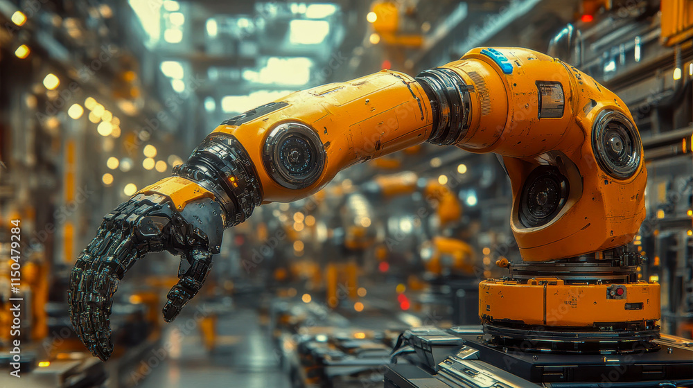 Poster advanced yellow robotic arm assembling electronic components on a production line in a high-tech fac
