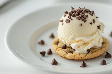 Delicious chocolate chip cookie topped with vanilla ice cream and chocolate chips on a white plate