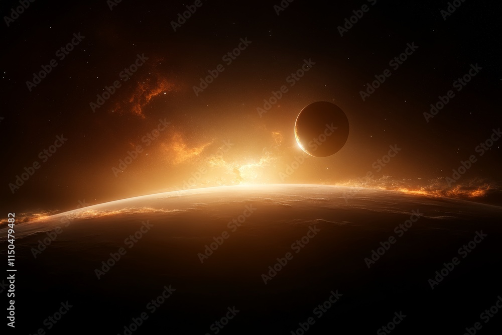 Poster celestial event captures an eclipse above a distant planet surrounded by cosmic beauty and a glowing
