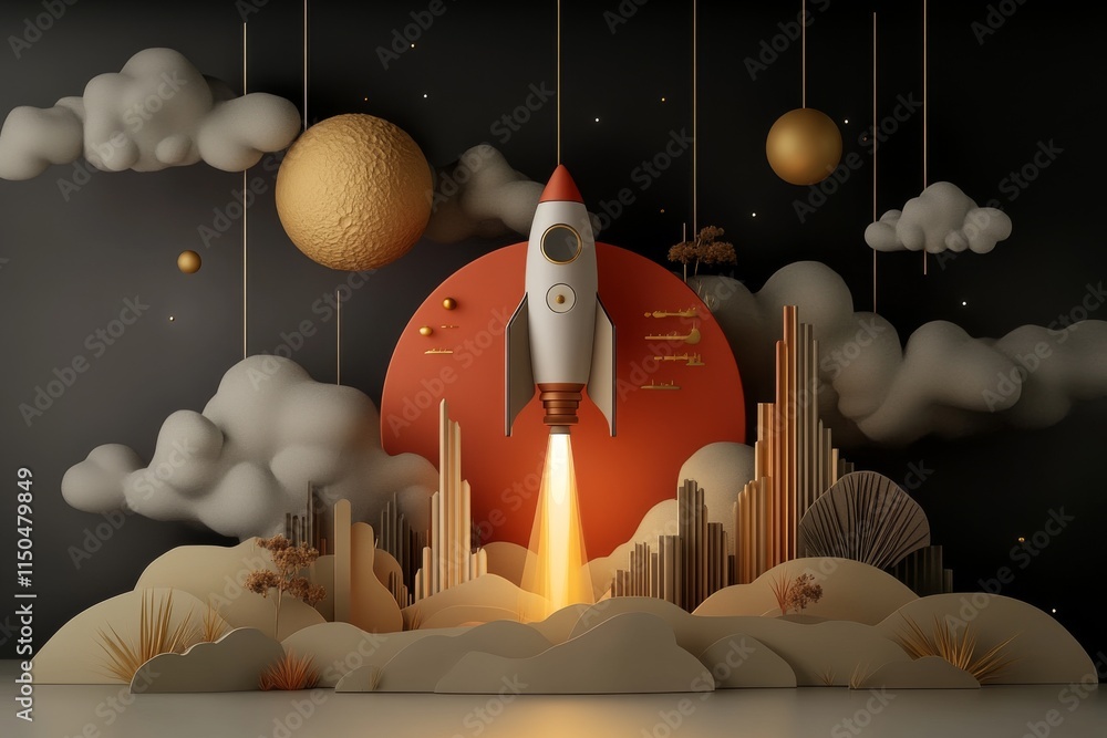 Poster rocket launching into a colorful cosmic scene with clouds and planets at dusk