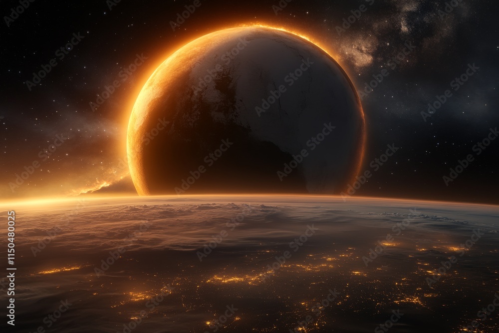 Aufkleber planetary alignment captured above a glowing atmosphere during an eclipse at twilight