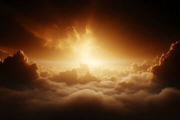 Fototapeta premium Golden sunrise illuminating clouds above a tranquil landscape at dawn