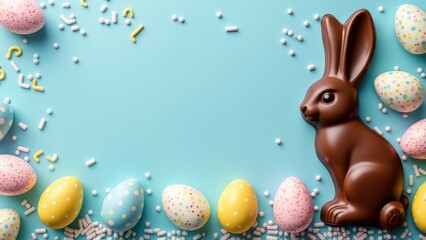 Chocolate easter bunny, eggs and candies on blue background. Easter holiday sweets for egg hunt. Greeting card, flyer with copy space. Flat lay, top view