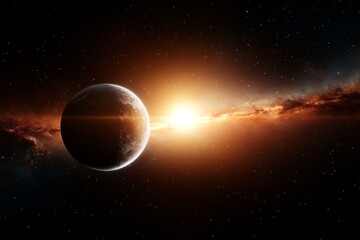 Stunning view of a distant planet illuminated by a fiery sunrise in the vastness of space