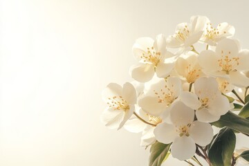 Fototapeta premium White flowers bloom beautifully in soft sunlight highlighting their delicate petals and fresh green leaves