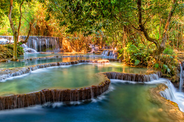 Waterfall Kuang Si. Luang Prabang, Laos. Travel and tourism in Asia. Beautiful and largest park...