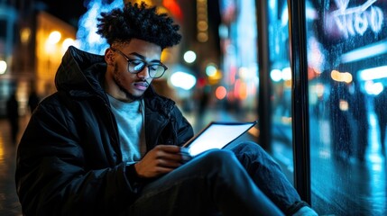 Young man using tablet at night in city.