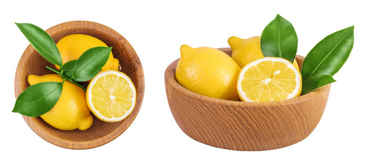 Ripe lemons in wooden bowl isolated on white background. Top view. Flat lay.