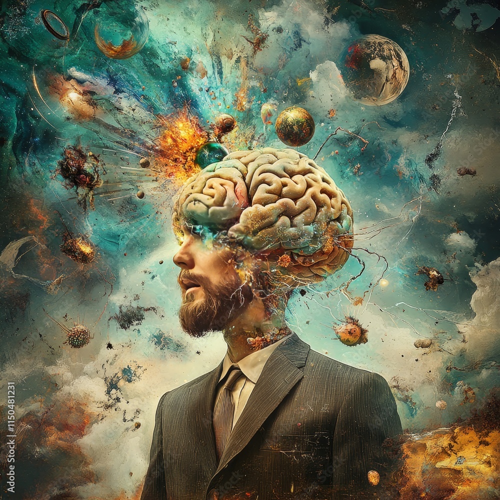 Poster creative representation of a man with a brain head, embodying imagination and the vastness of ideas 