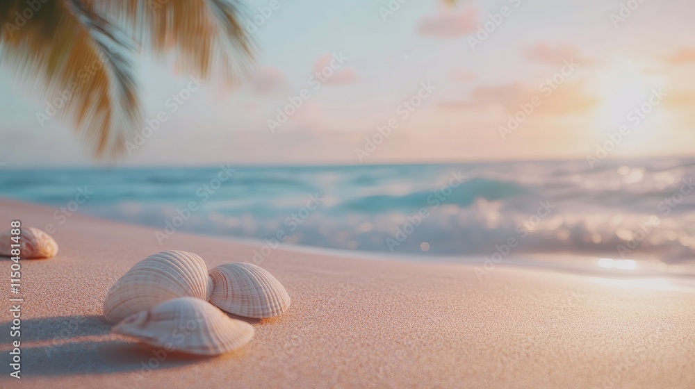 Poster seashells on sandy beach during sunset with gentle waves crashing in the background in a tranquil tr