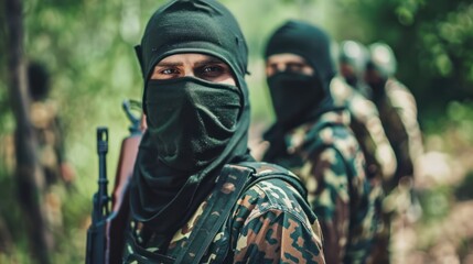 Group of armed individuals in tactical gear standing in a desolate landscape, embodying rebellion and unyielding spirit.