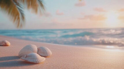 Obraz premium Seashells on Sandy Beach During Sunset With Gentle Waves Crashing in the Background in a Tranquil Tropical Setting