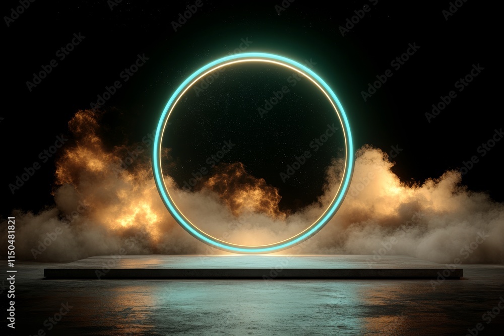 Poster illuminated circular portal with glowing edges surrounded by mist in a dark environment