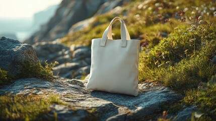A beige tote bag, lying next to rocks and grass in an outdoor setting. The scene includes natural elements like trees or flowers around the rock, adding depth and texture to the composition.