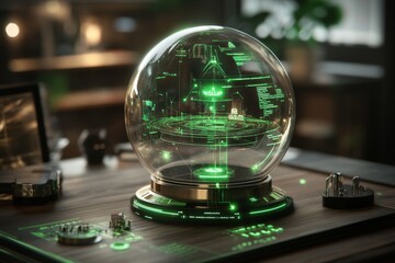 Futuristic holographic globe displaying interactive data in a modern tech workspace