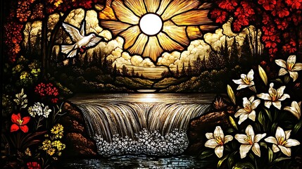 A luminous stained glass scene of baptismal waters flowing from a glowing shell, vibrant lilies in full bloom along the river,