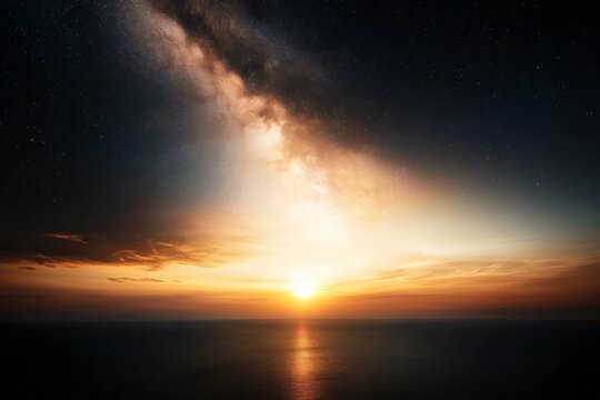 Stunning sunset over ocean with starry sky illuminating the horizon after dusk