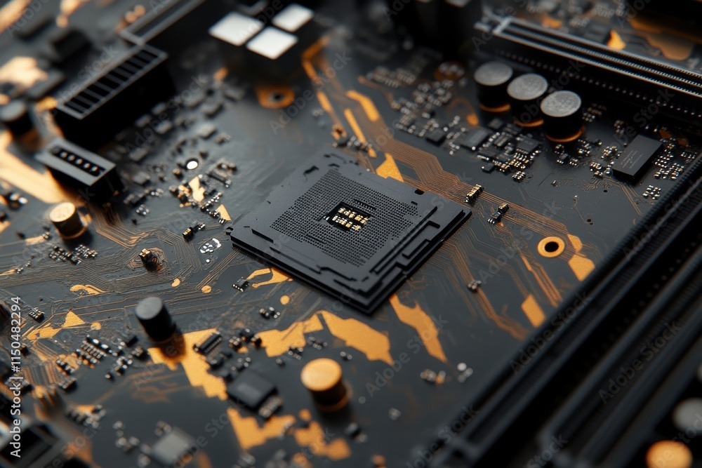 Poster detailed overhead view of a computer motherboard with a tilted perspective, featuring a central chip