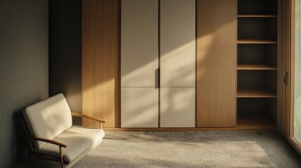 Sunlight illuminates minimalist bedroom with armchair, wooden closet, and shelves.