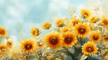 Vibrant sunflowers blooming in sunny field landscape