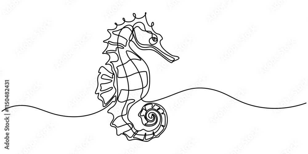 Poster seahorse swims underwater.set of sea ocean elements.one continuous line .one continuous drawing line