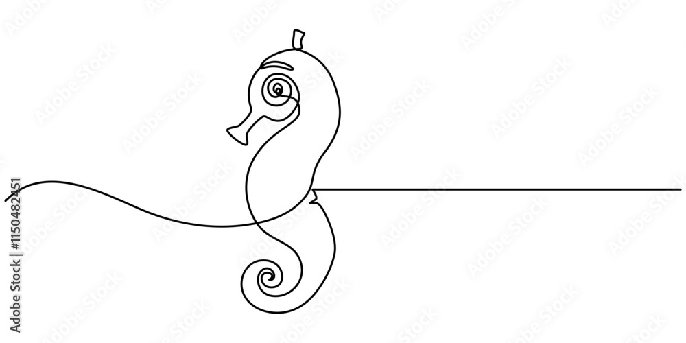 Poster seahorse swims underwater.set of sea ocean elements.one continuous line .one continuous drawing line